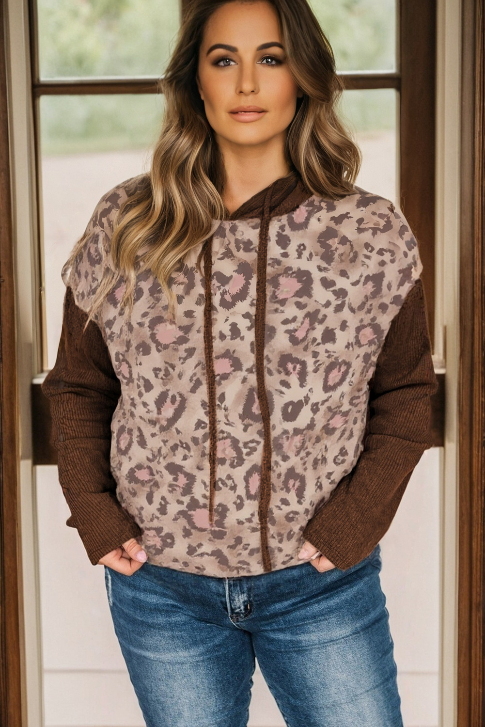 Brown Leopard Print Knit Patchwork Plus Hoodie