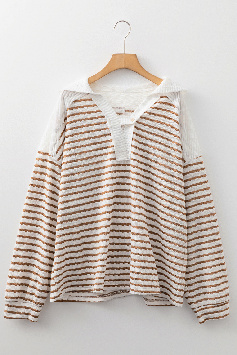 Plus Size Khaki Stripe Buttoned V Neck Textured Hooded  Top