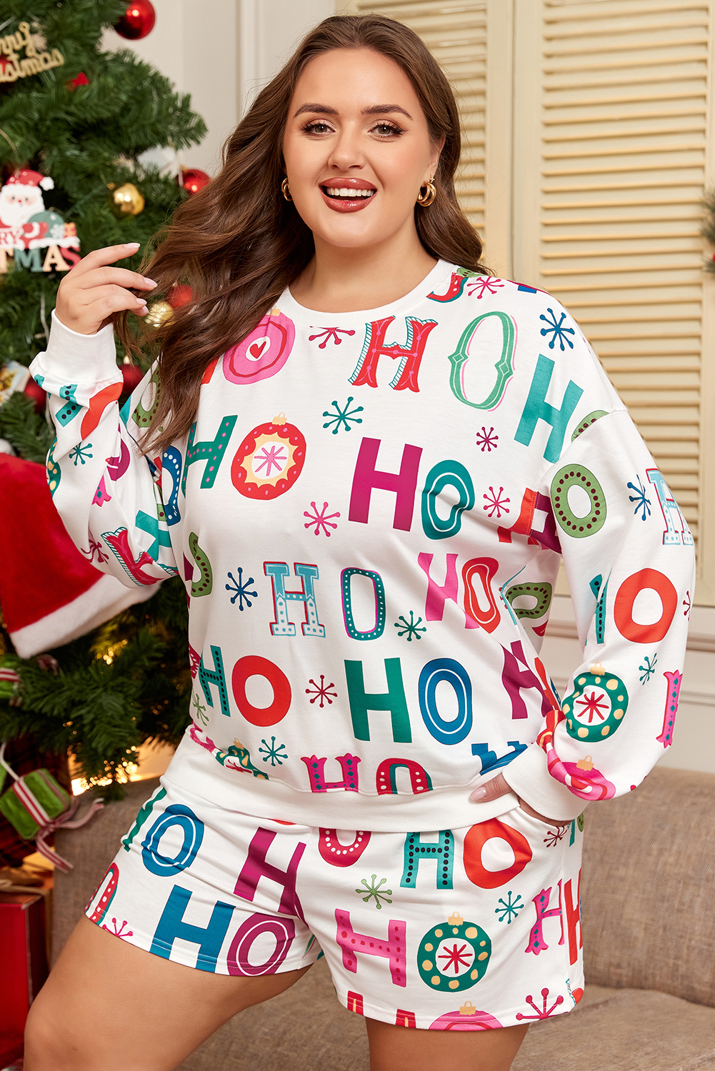 Plus Size White  Christmas Ho Ho Ho Print Long Sleeve Top and Shorts 2pc Lounge Set
