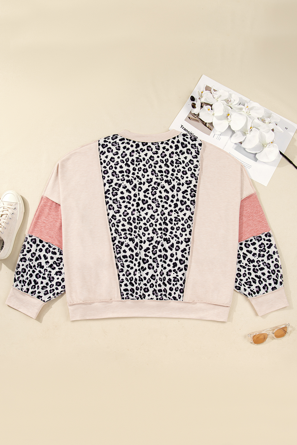 Plus Size Gray Leopard Color Block Patchwork Reverse Stitch  Baggy Pullover