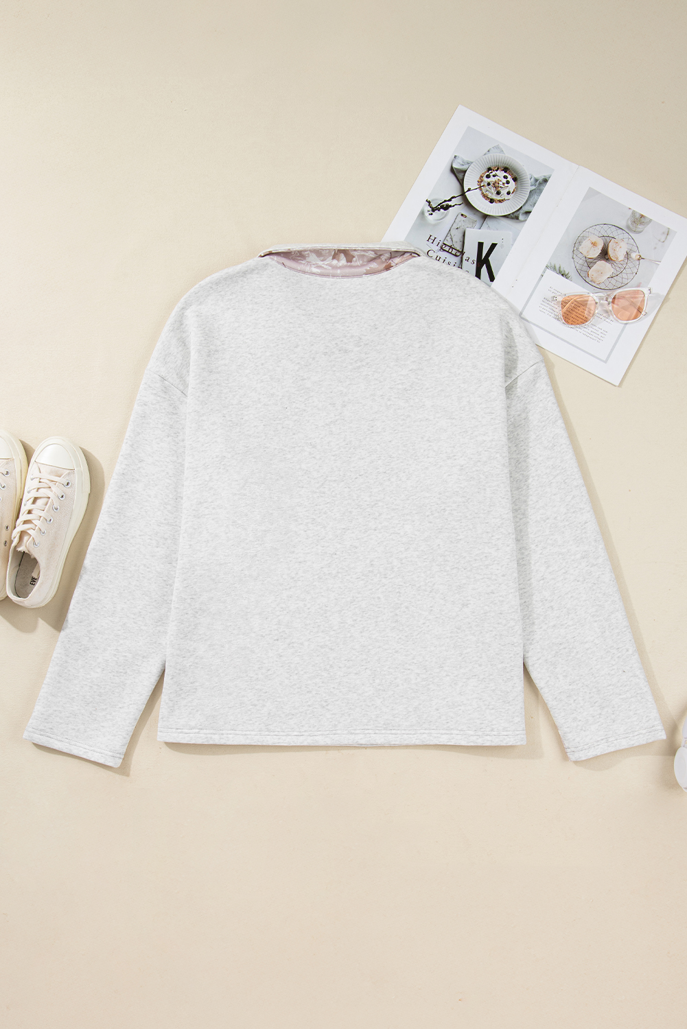 Plus Size Gray Camo Leaves Patchwork Zipped Collar Pullover  Sweatshirt