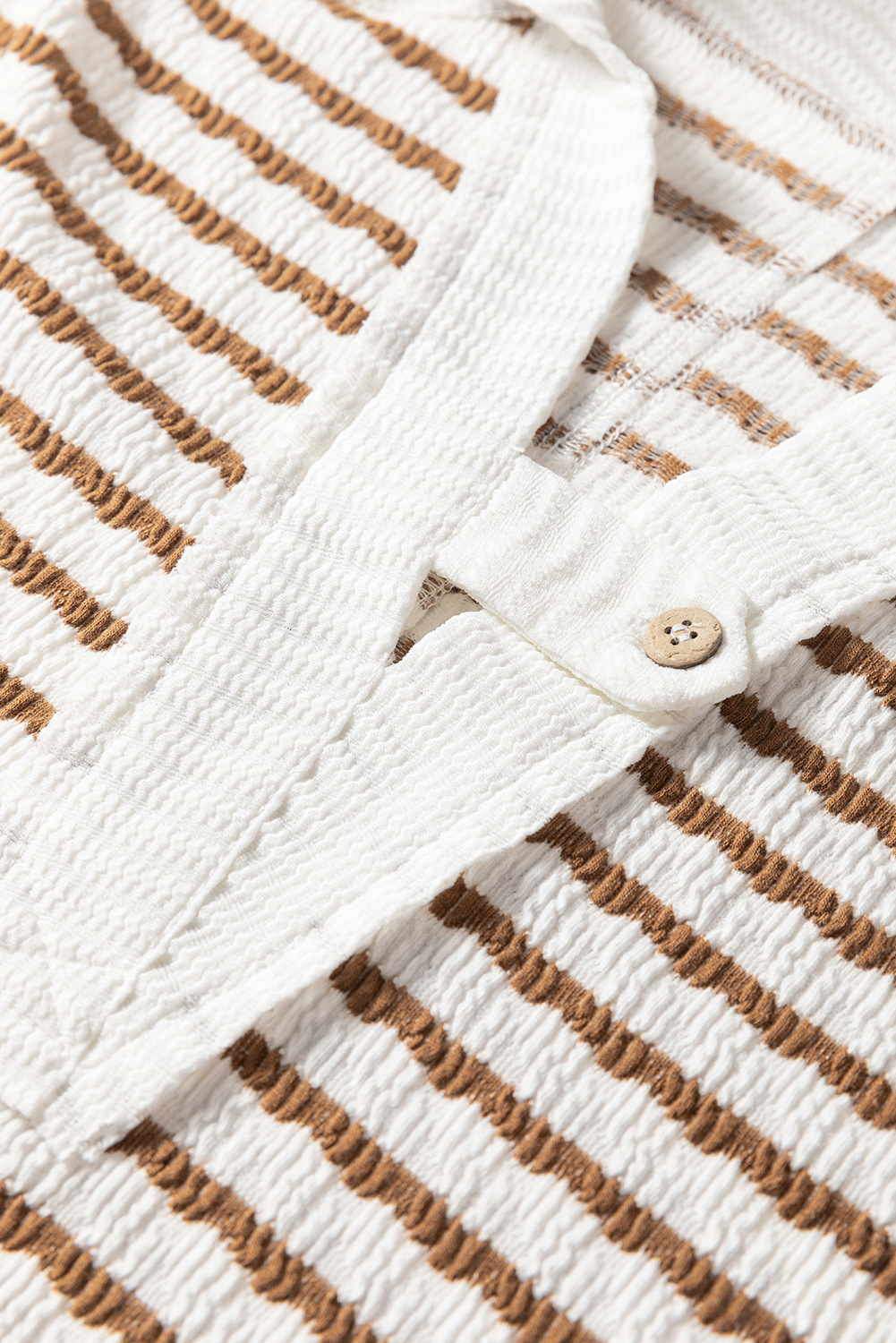 Plus Size Khaki Stripe Buttoned V Neck Textured Hooded  Top