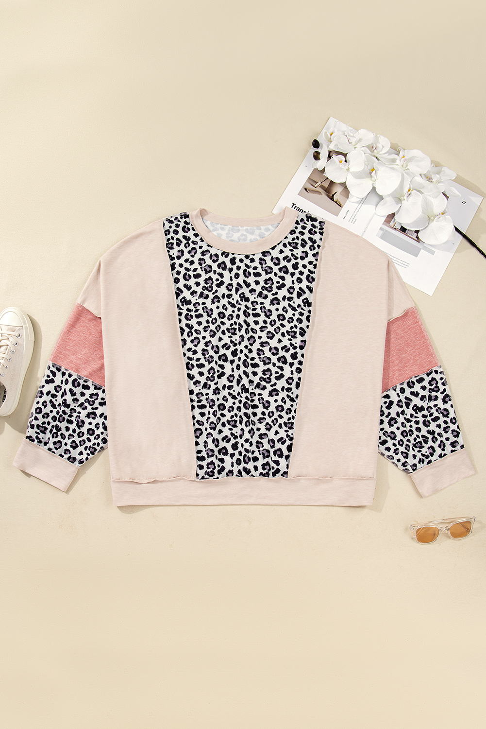 Plus Size Gray Leopard Color Block Patchwork Reverse Stitch  Baggy Pullover