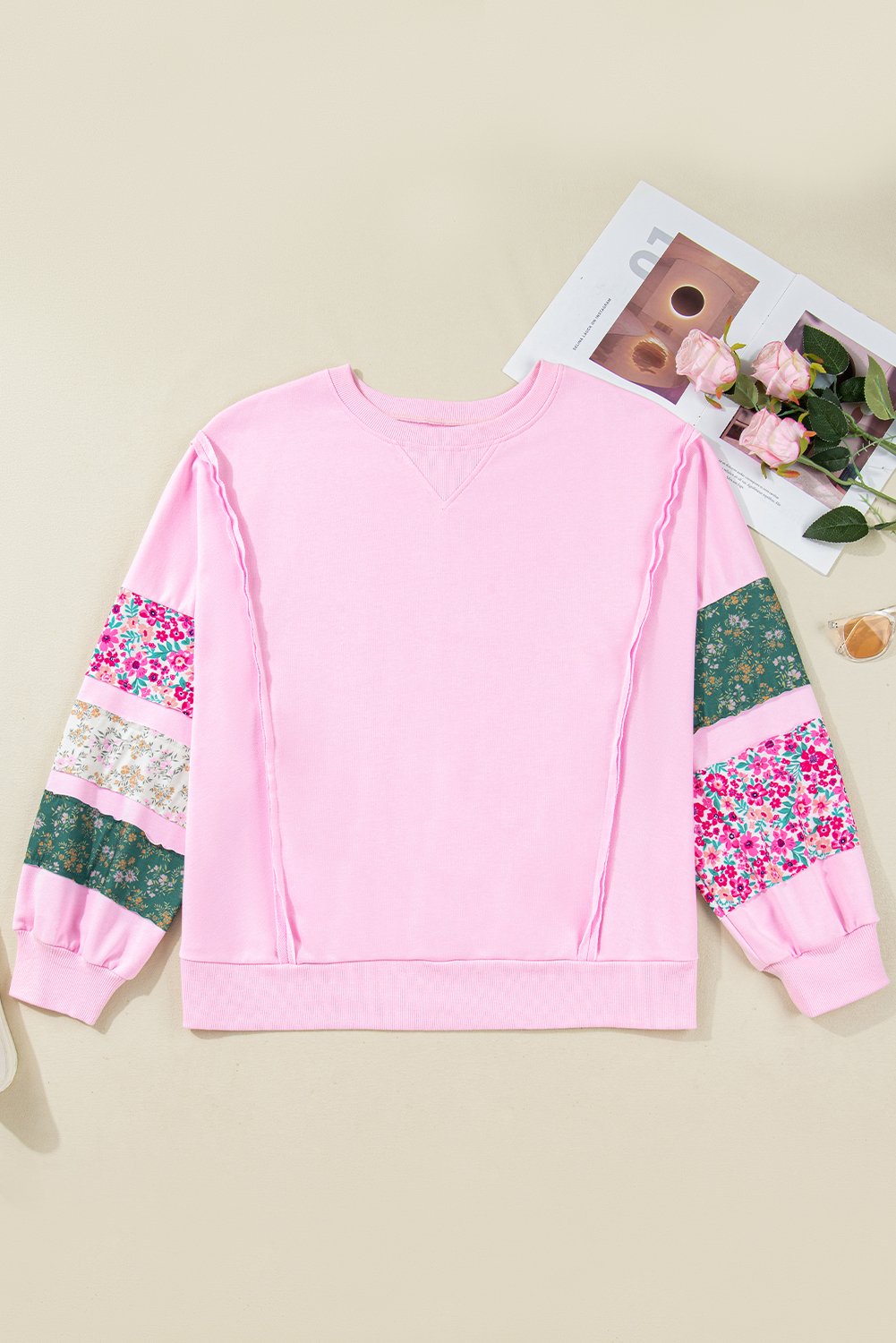 Plus Size Pink  Mix Floral Patched Sleeve Ribbed Trim Baggy Sweatshirt