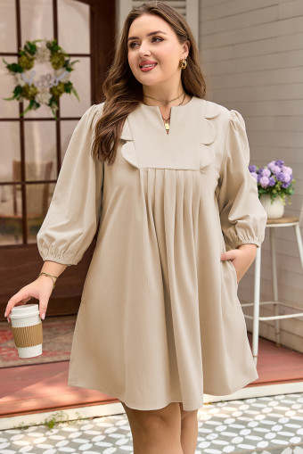 Plus Size Parchment Notched Neck Scallop Detail  Mini Dress