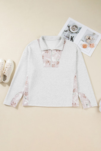 Plus Size Gray Camo Leaves Patchwork Zipped Collar Pullover  Sweatshirt
