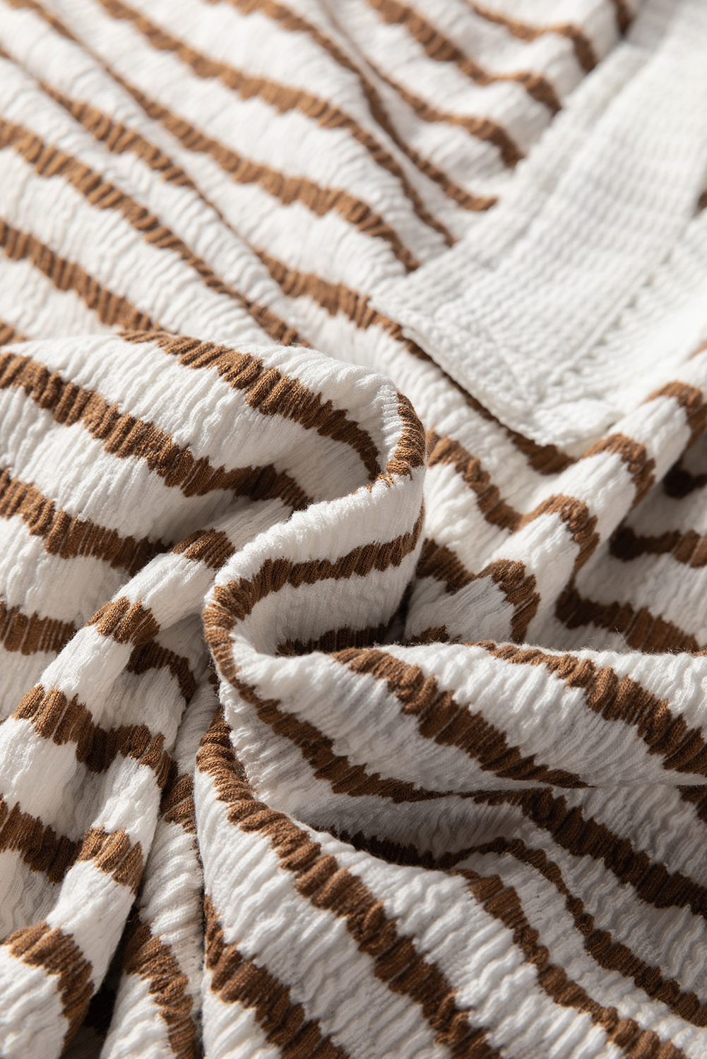 Plus Size Khaki Stripe Buttoned V Neck Textured Hooded  Top