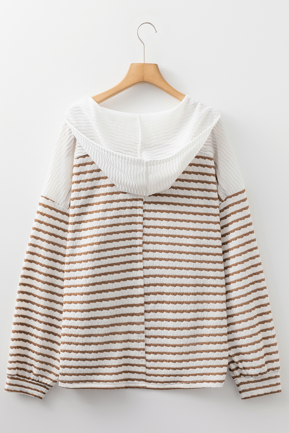 Plus Size Khaki Stripe Buttoned V Neck Textured Hooded  Top
