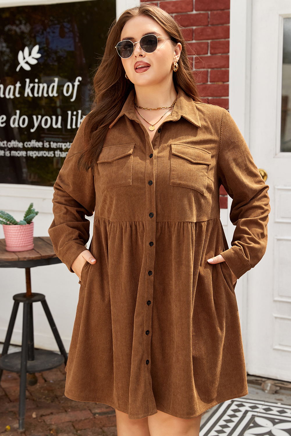 Plus Size Camel Corduroy Full Buttoned Collared Shirt Style  Dress