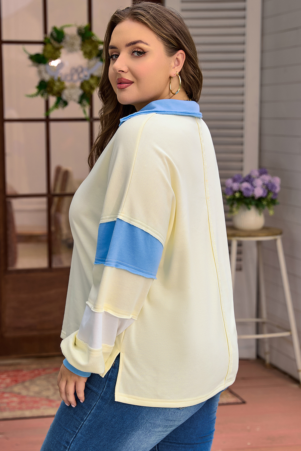 Plus Size Yellow Cream Raw Seam Color Block Patchwork  V Neck Pullover