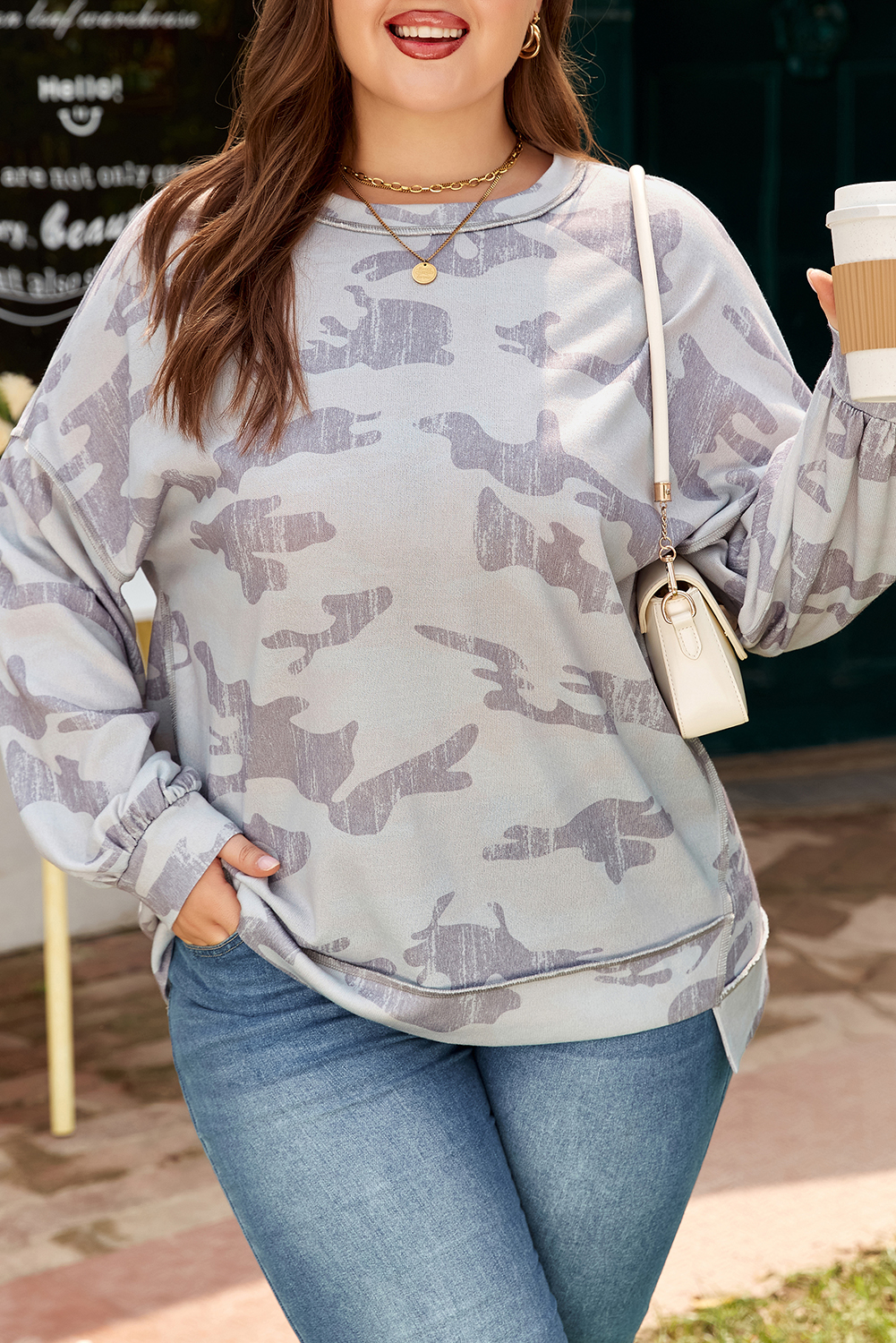 Plus Size Multicolour Camouflage Print  Round Neck  Sweatshirt