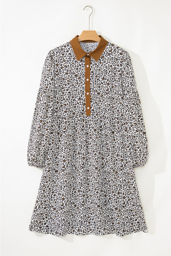 Plus Size Khaki  Button V Neck Leopard Print Puff Sleeve Loose Mini Dress