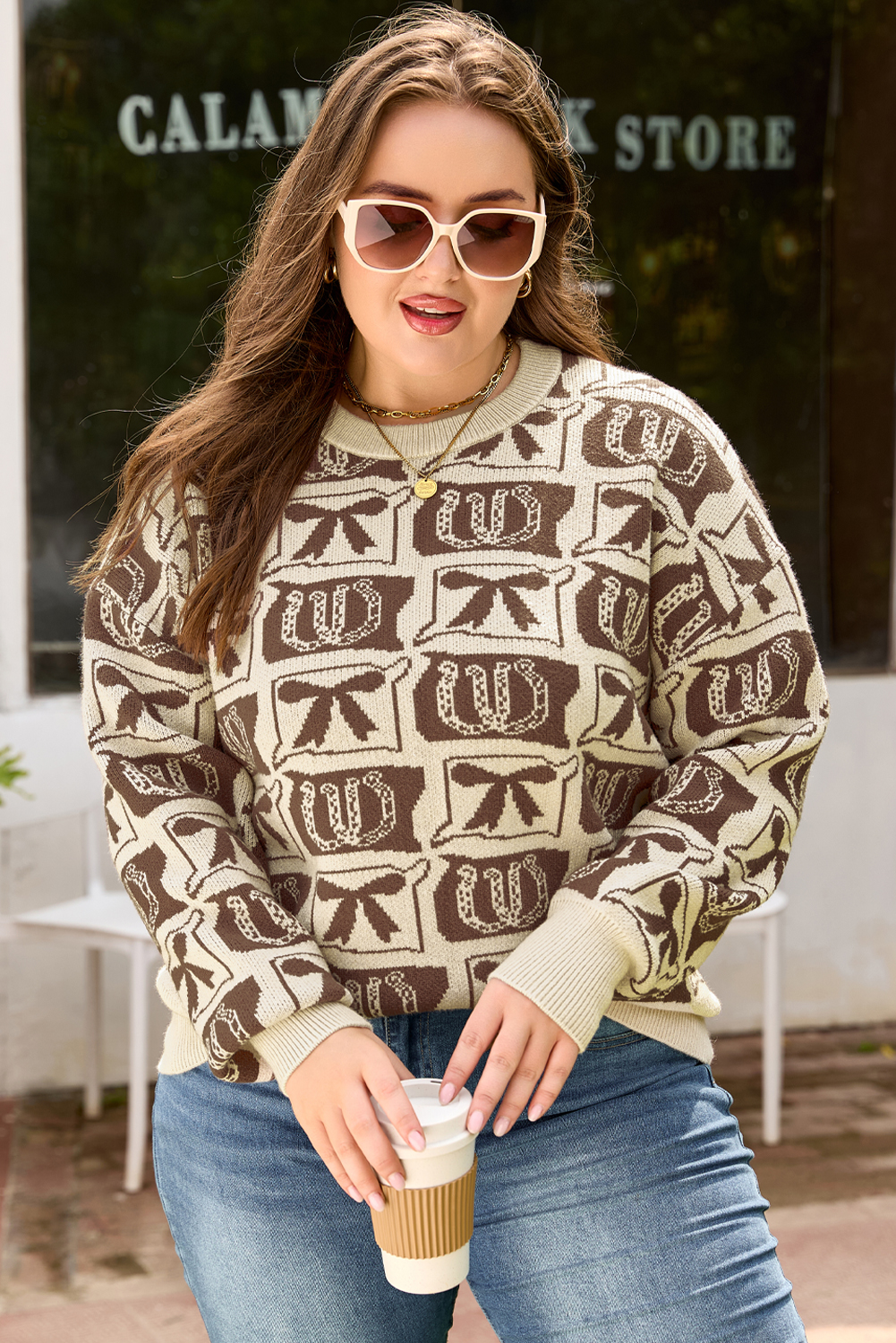 Plus Size Brown Bow Horseshoe Print Checkered  Sweater