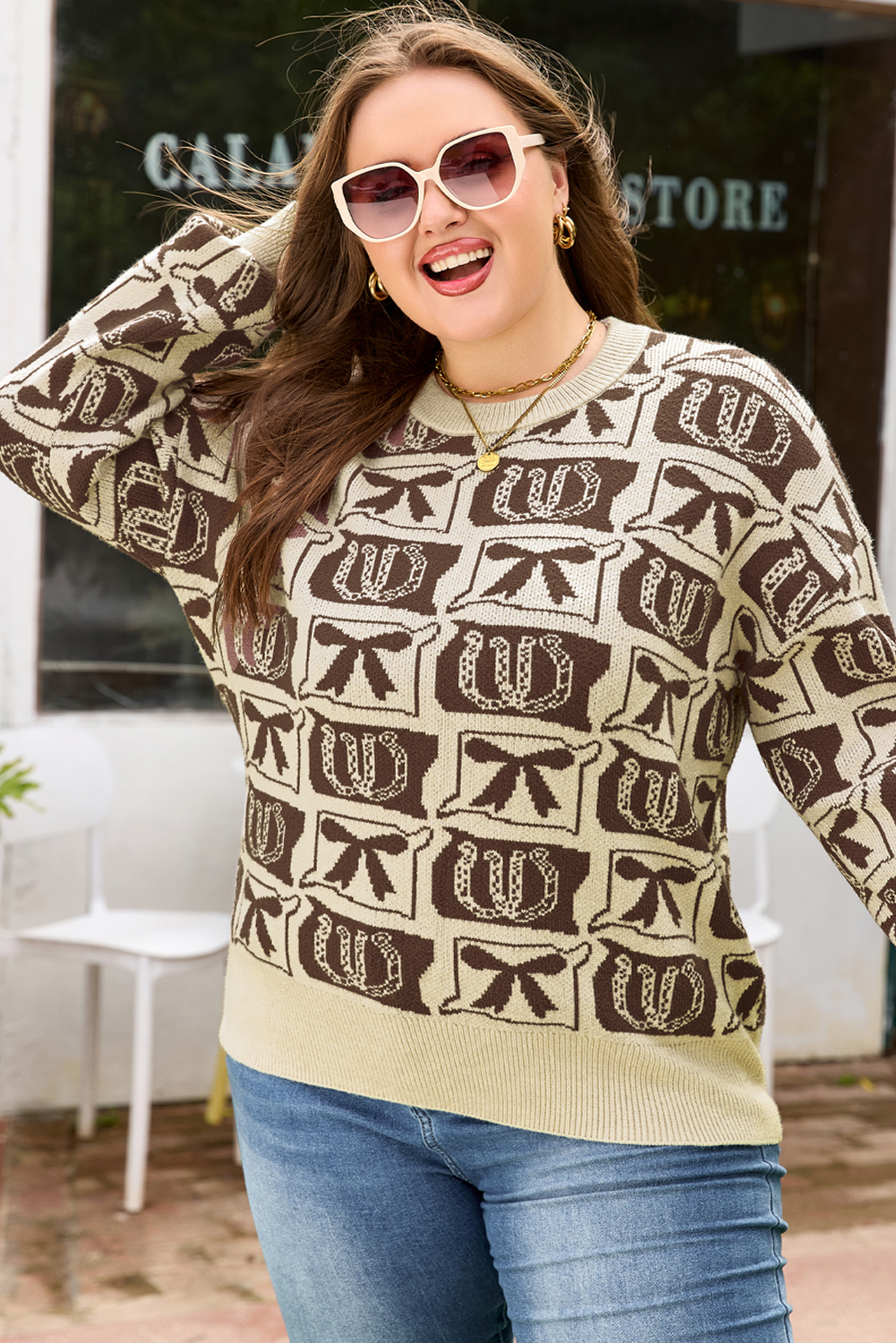 Plus Size Brown Bow Horseshoe Print Checkered  Sweater