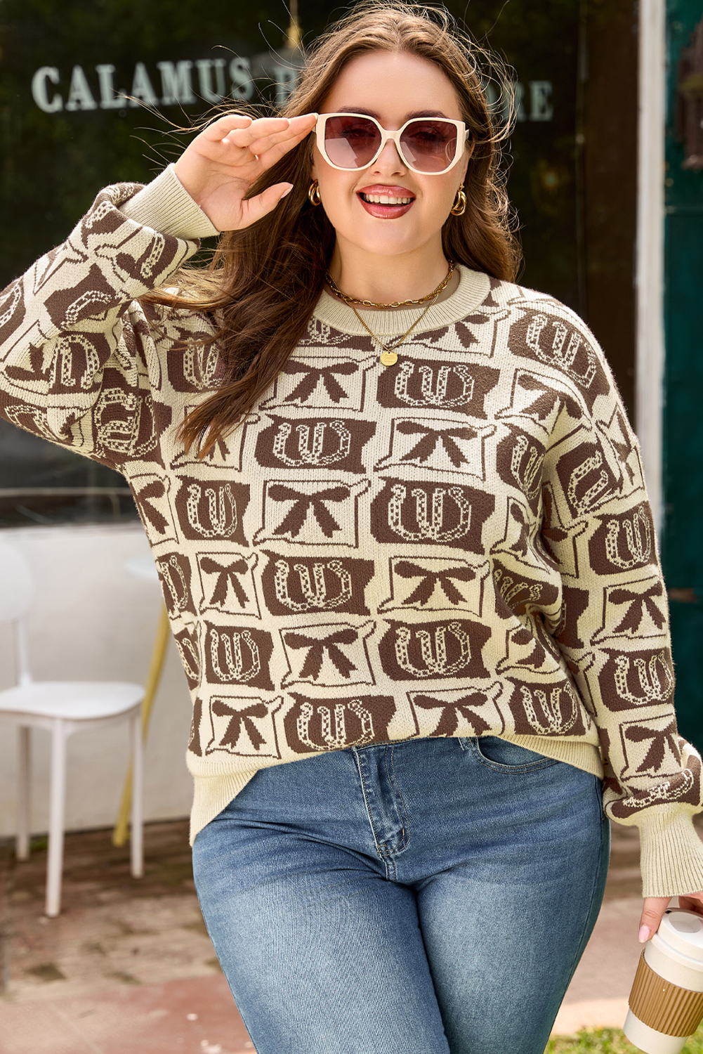 Plus Size Brown Bow Horseshoe Print Checkered  Sweater