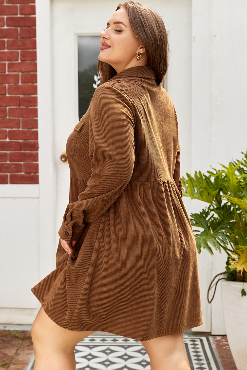 Plus Size Camel Corduroy Full Buttoned Collared Shirt Style  Dress