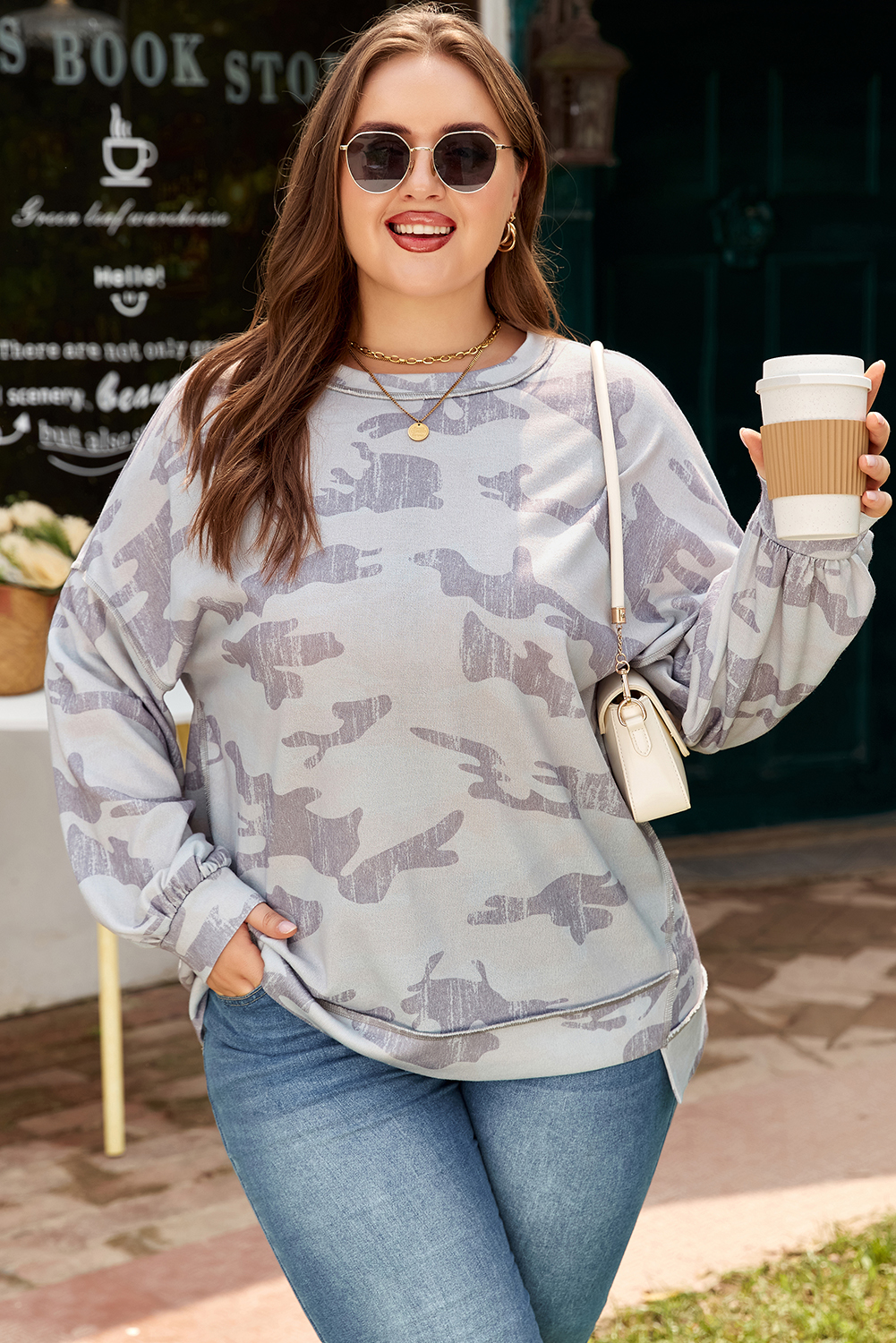 Plus Size Multicolour Camouflage Print  Round Neck  Sweatshirt