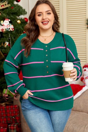 Plus Size Green Stripe Half Buttons Drop Shoulder  Sweater