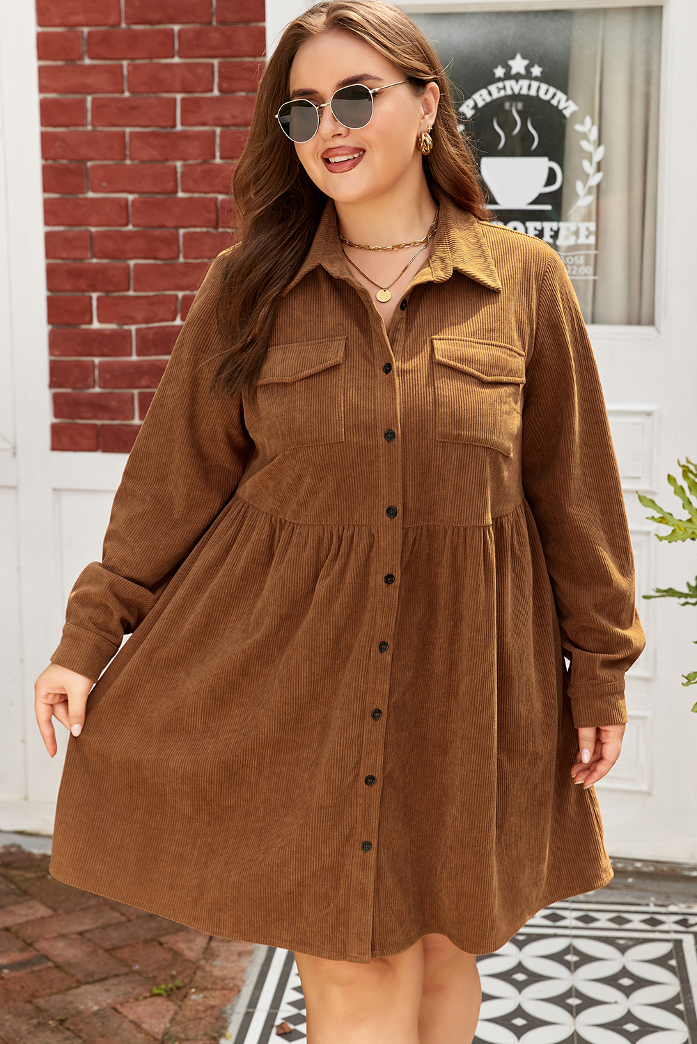 Plus Size Camel Corduroy Full Buttoned Collared Shirt Style  Dress