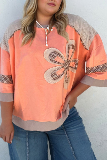 Plus Size Grapefruit Orange Plaid Flower Waffle Patched  3/4 Sleeve Top