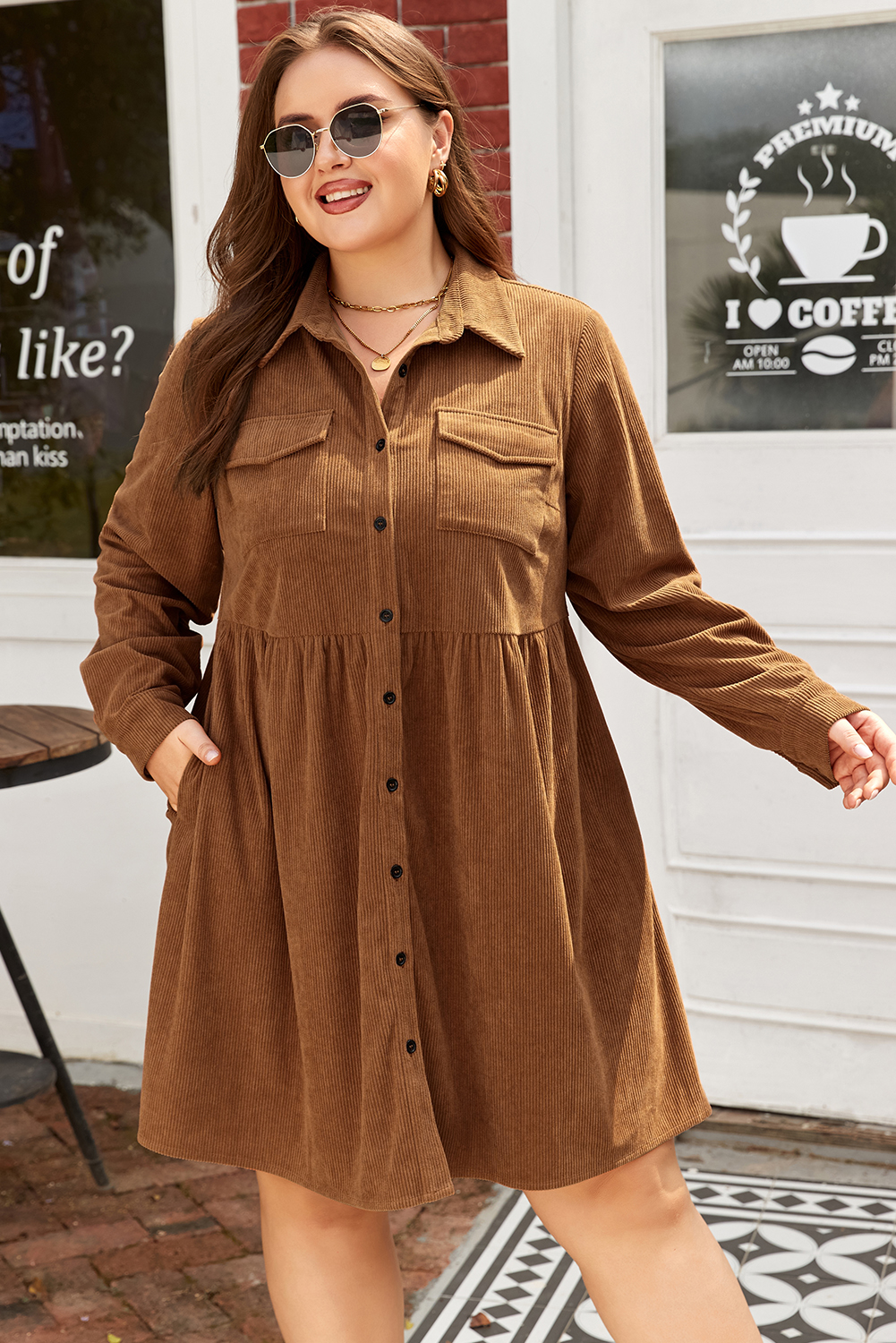Plus Size Camel Corduroy Full Buttoned Collared Shirt Style  Dress