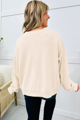 Plus Size Beige Flower Patched Mineral Wash Round Neck  Top