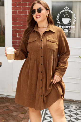 Plus Size Camel Corduroy Full Buttoned Collared Shirt Style  Dress