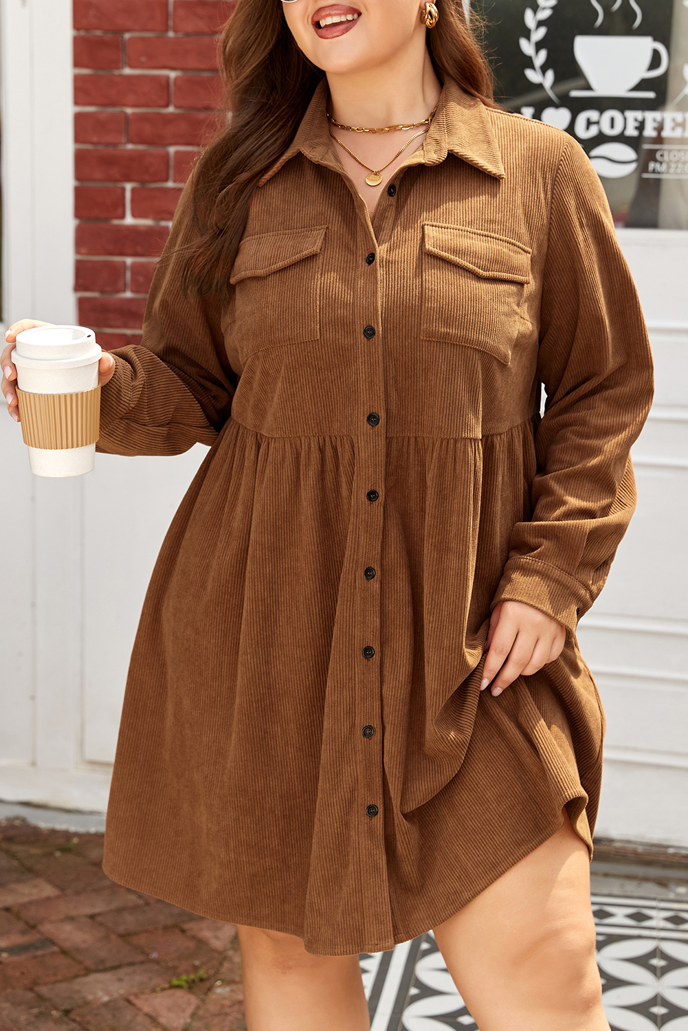 Plus Size Camel Corduroy Full Buttoned Collared Shirt Style  Dress