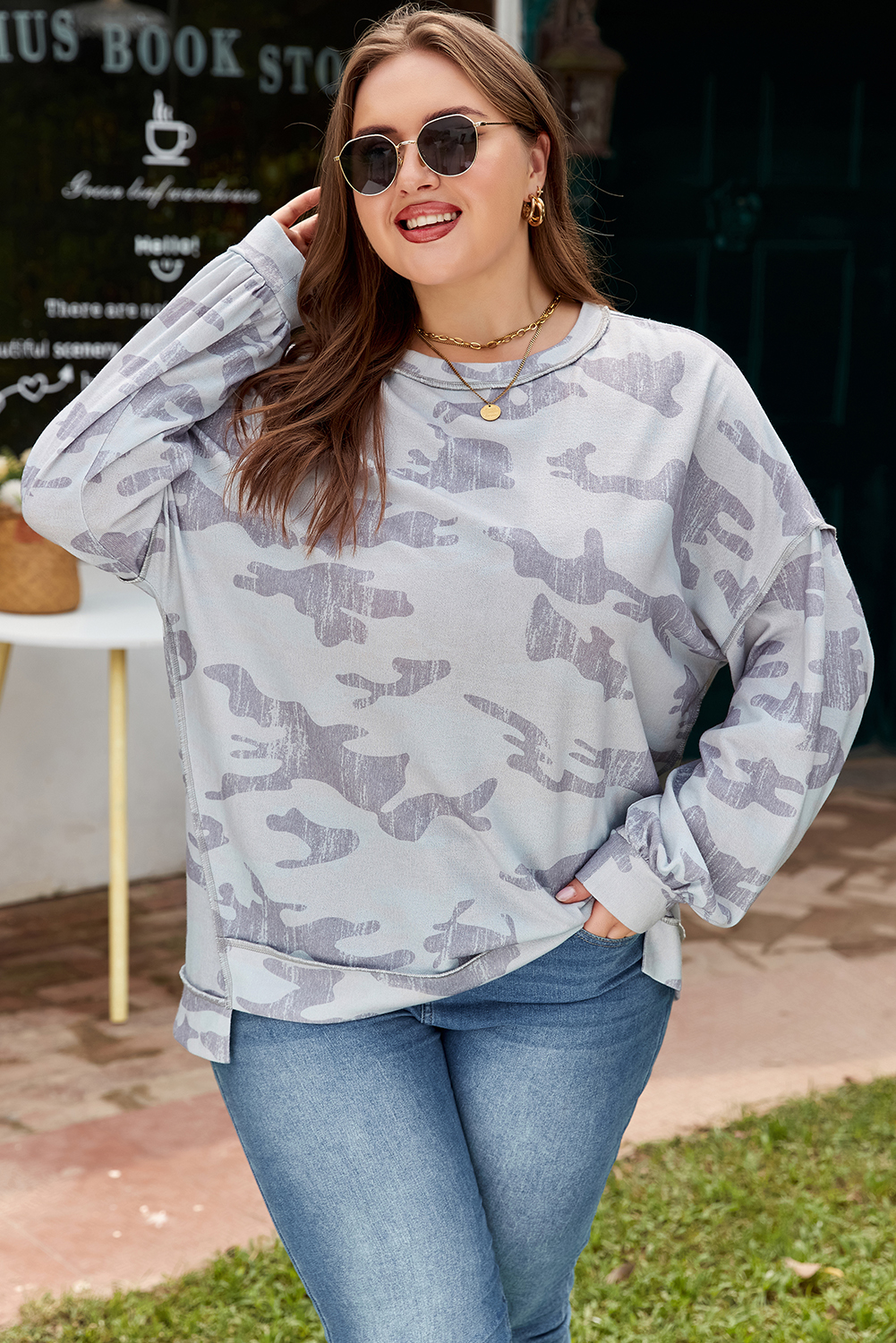 Plus Size Multicolour Camouflage Print  Round Neck  Sweatshirt
