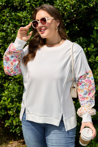 Plus Size White  Exposed Seam Detail Contrast Dot Floral Patchwork Sleeve Sweatshirt