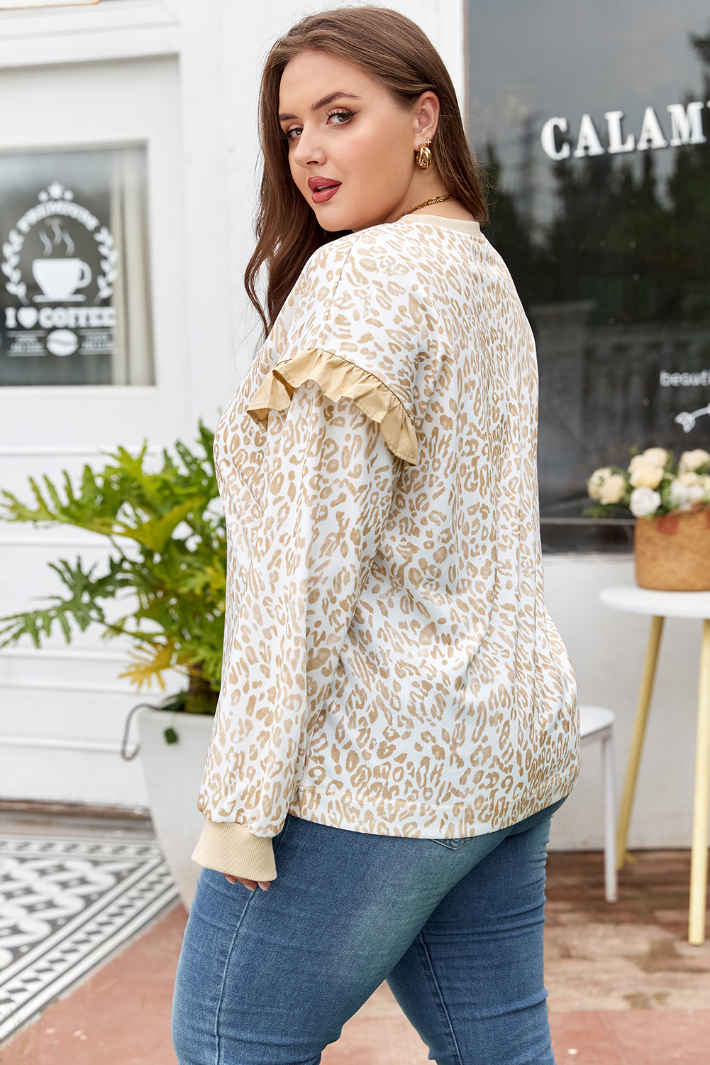 Plus Size Khaki  Ruffled Arm Leopard Sweatshirt