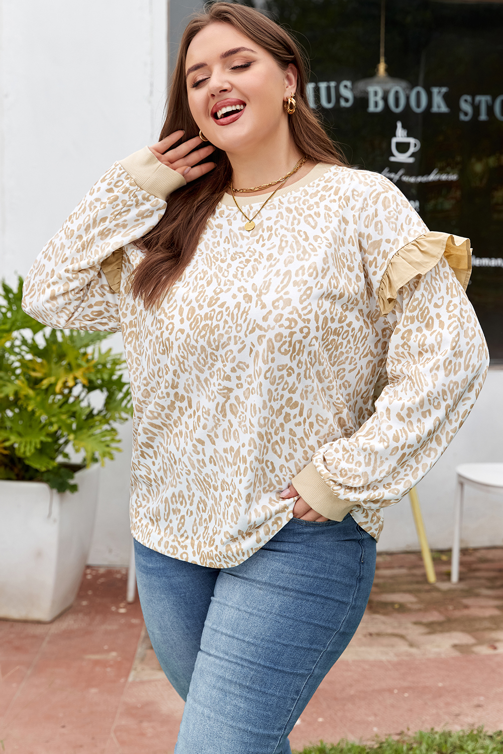 Plus Size Khaki  Ruffled Arm Leopard Sweatshirt