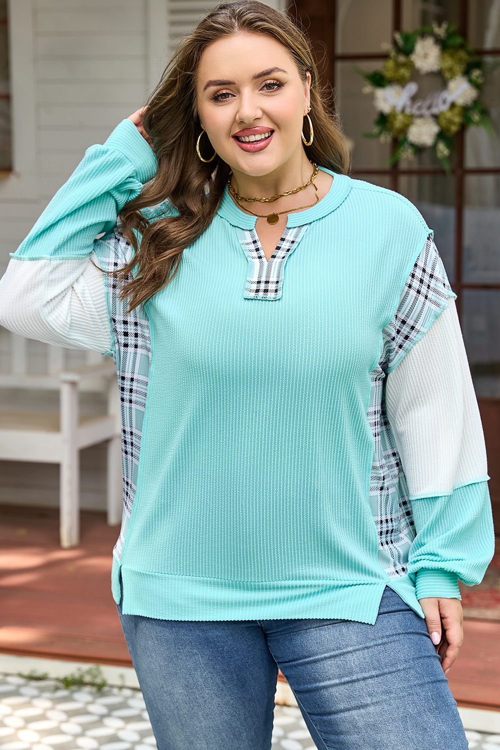 Plus Size Aruba Blue Twist Ribbed Color Block Plaid Patchwork  Long Sleeve Top