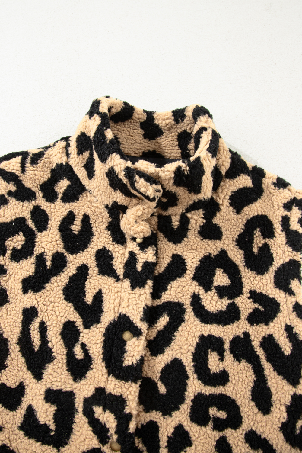 Plus Size Khaki Leopard Sherpa Button Front Collared  Vest Jacket