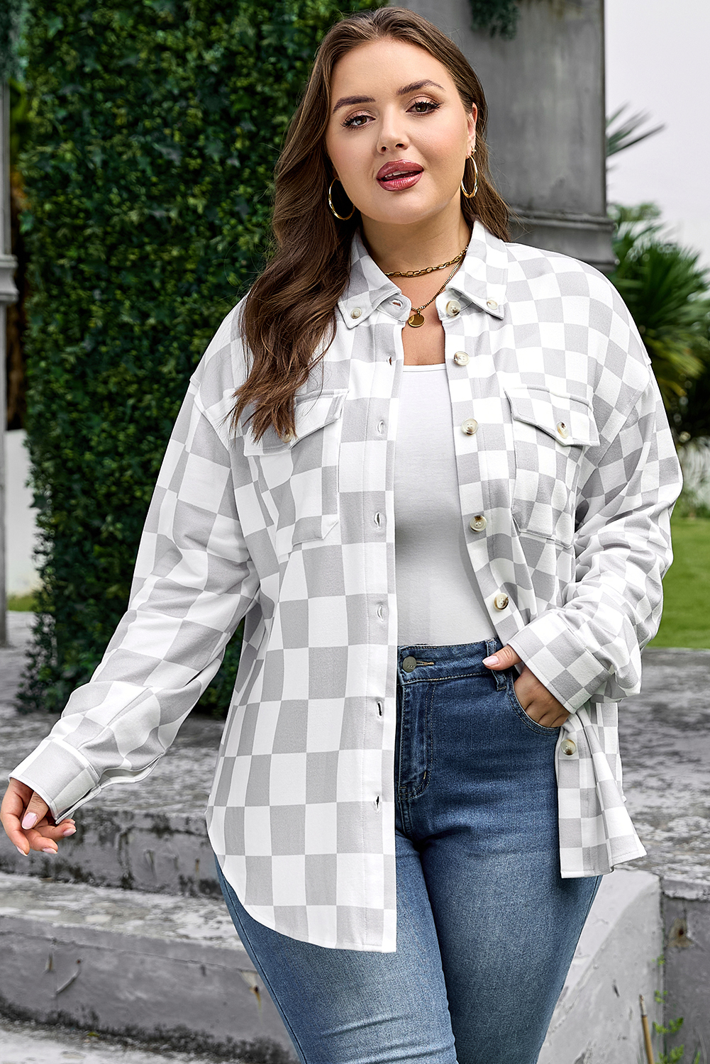 Plus Size Khaki  Checkered Buttoned Down Casual Western Jacket