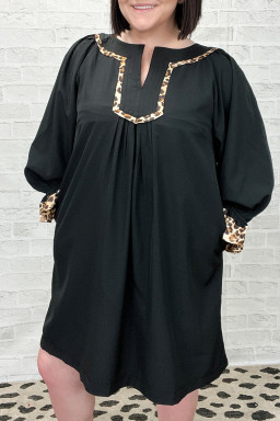 Plus Size Black  Notched Neck Leopard Trim Flounce Long Sleeve Shift Dress