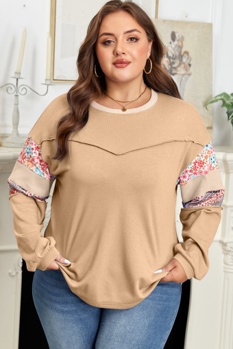 Plus Size Khaki Exposed Seam Floral Mixed Patchwork Relaxed  Top