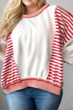 Plus Size Red Stripe Color Block Patchwork Seam Detail  Sweatshirt