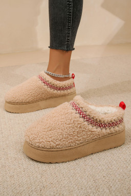 Oatmeal Embroidered Sherpa Plush Thick Sole Snow Boots