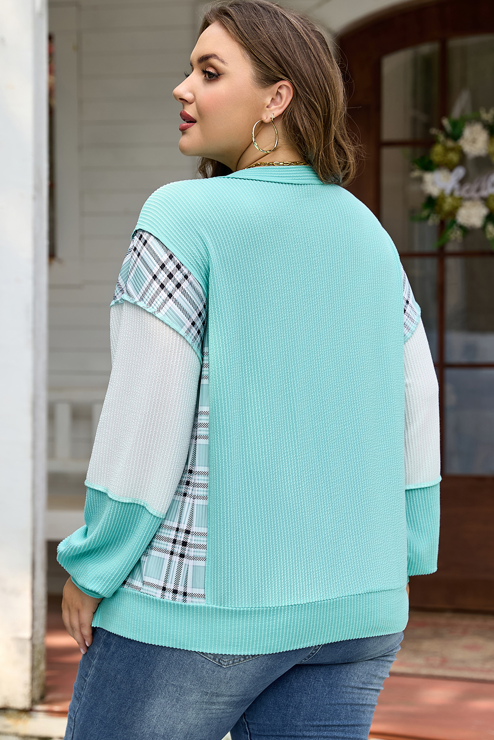Plus Size Aruba Blue Twist Ribbed Color Block Plaid Patchwork  Long Sleeve Top