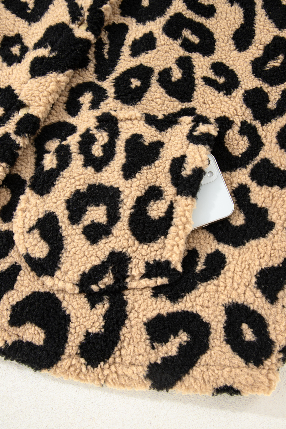 Plus Size Khaki Leopard Sherpa Button Front Collared  Vest Jacket