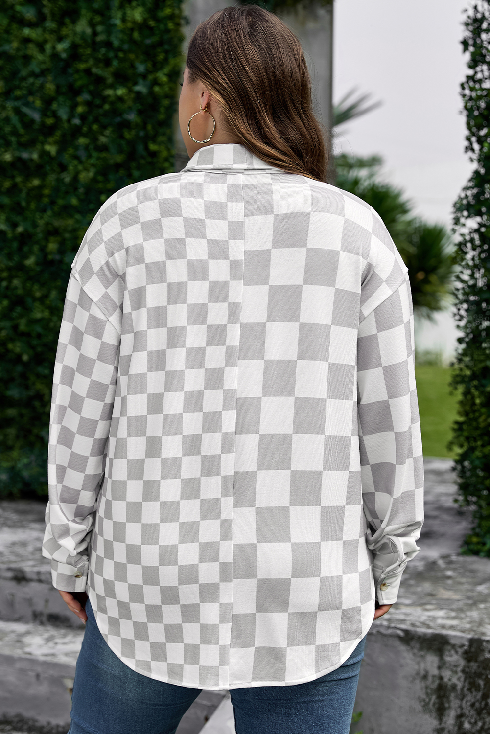 Plus Size Khaki  Checkered Buttoned Down Casual Western Jacket