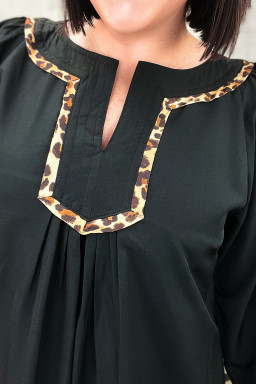Plus Size Black  Notched Neck Leopard Trim Flounce Long Sleeve Shift Dress