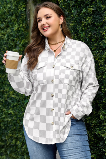 Plus Size Khaki  Checkered Buttoned Down Casual Western Jacket