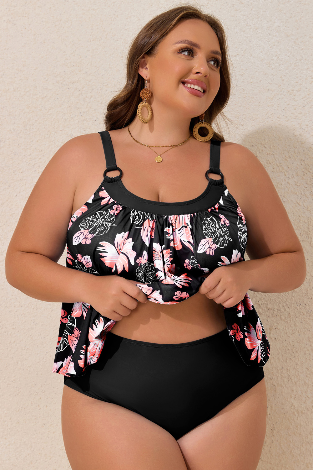 Plus Size Black 2pcs  Wide Strap Floral Top Tankini Set