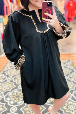 Plus Size Black  Notched Neck Leopard Trim Flounce Long Sleeve Shift Dress