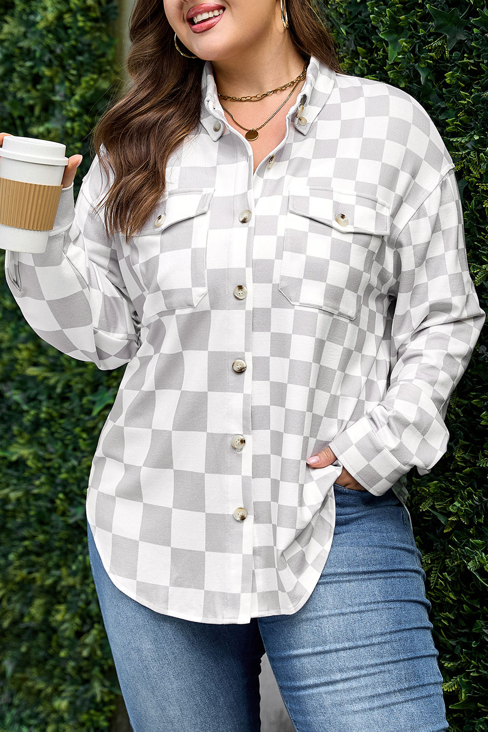 Plus Size Khaki  Checkered Buttoned Down Casual Western Jacket
