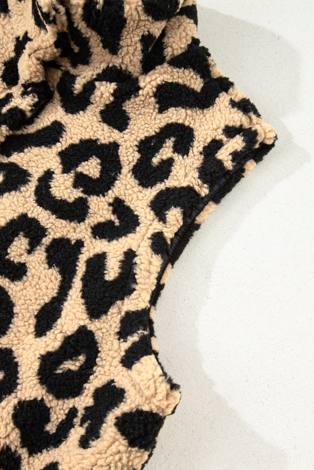 Plus Size Khaki Leopard Sherpa Button Front Collared  Vest Jacket