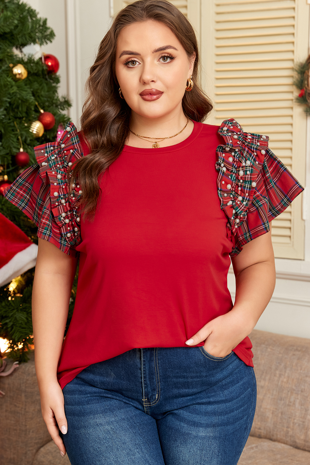 Plus Size Racing Red Plaid Pearl Ruffled Short Sleeve Knitted Christmas Holiday  T-shirt