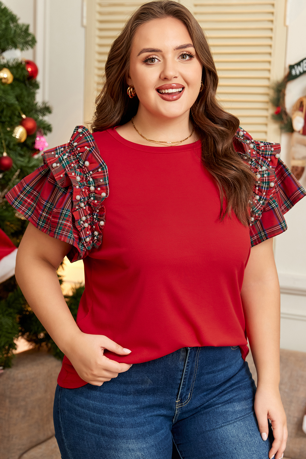 Plus Size Racing Red Plaid Pearl Ruffled Short Sleeve Knitted Christmas Holiday  T-shirt
